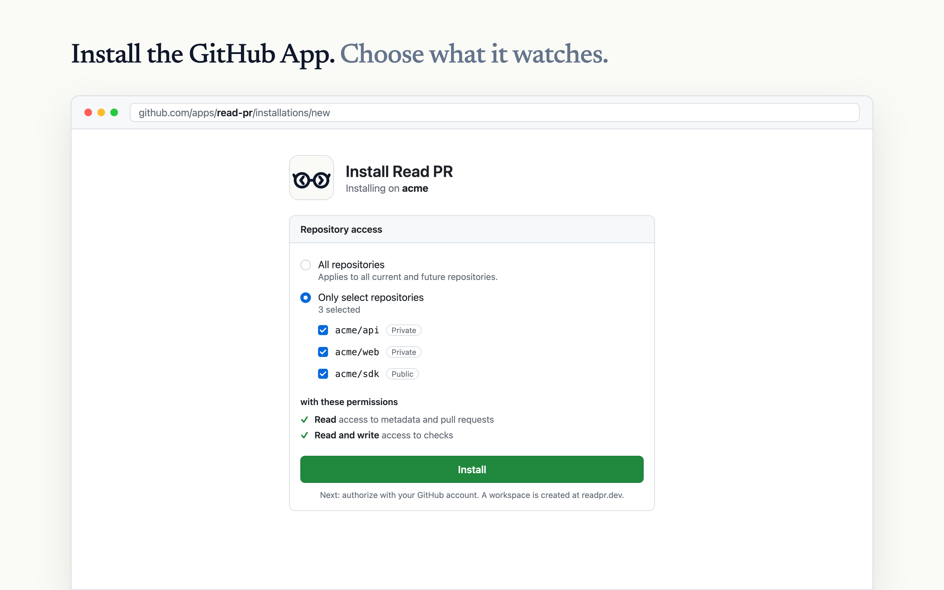 GitHub's installation screen for the Read PR app with three repositories selected