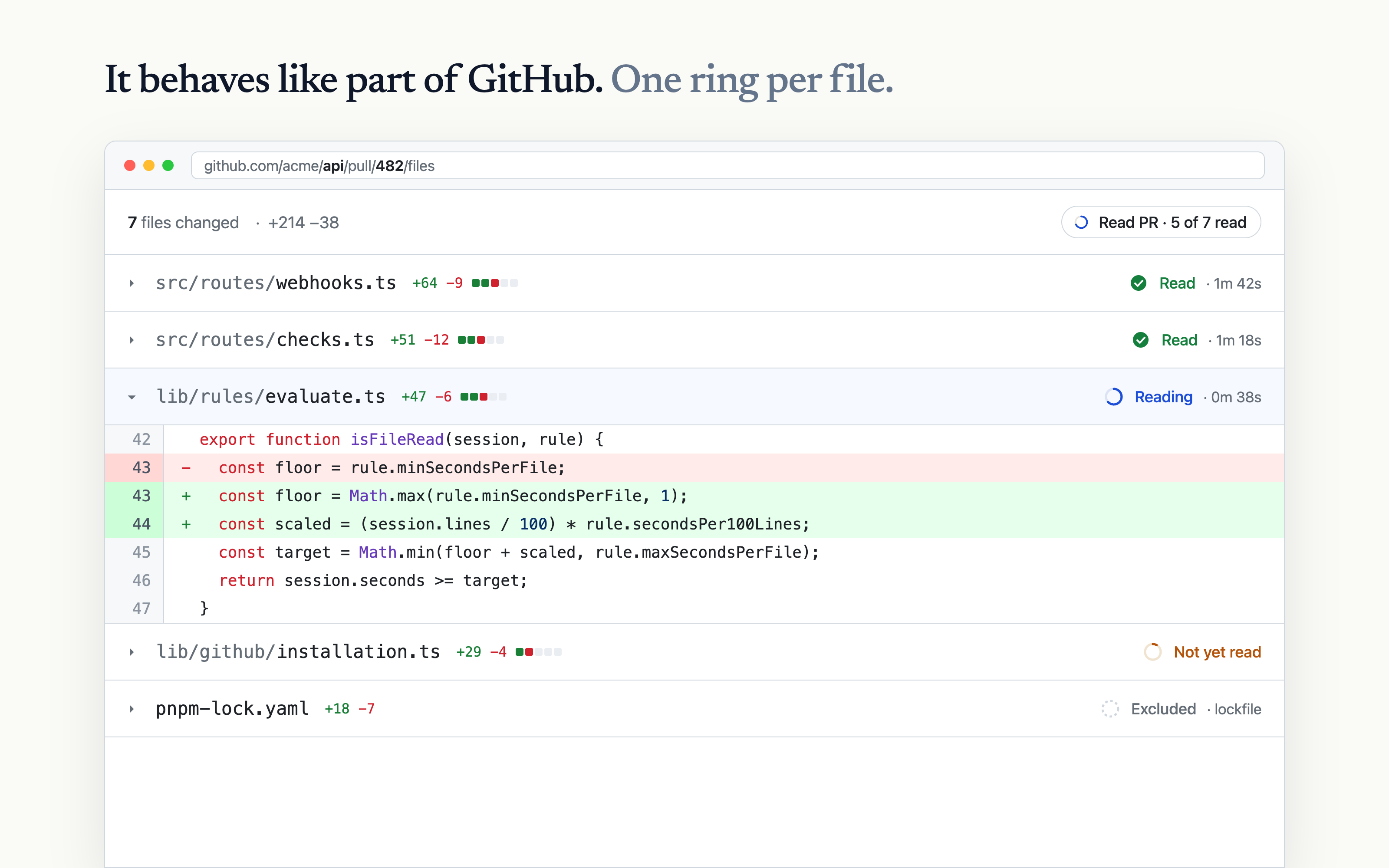GitHub files view with Read PR progress rings